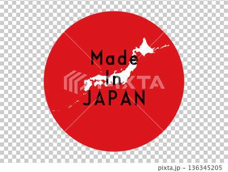 Made in JAPAN 日本地図 日本の国旗の赤丸の中に日本の地図があるイラスト 136345205