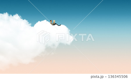 Surreal artwork businessman reading document while sitting on cloud Surreal artwork businessman reading document while sitting on cloud 136345506