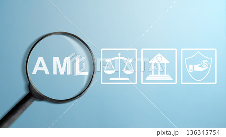 Magnifying glass over the text AML with icons for justice, banking, and financial protection. Concept of anti-money laundering regulations and fraud prevention on blue background Magnifying glass over the text AML with icons for justice, banking, and financial protection. Concept of anti-money laundering regulations and fraud prevention on blue background 136345754