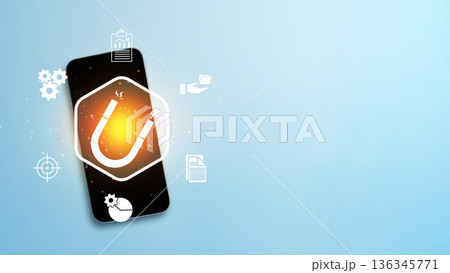 A smartphone displaying a glowing magnet icon, symbolizing lead generation and customer attraction in digital marketing, surrounded by business and strategy icons on a light blue background 136345771