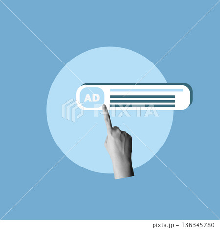 Conceptual illustration of a hand clicking a digital advertisement banner icon, symbolizing online marketing, PPC campaigns, and user engagement on a blue background Conceptual illustration of a hand clicking a digital advertisement banner icon, symbolizing online marketing, PPC campaigns, and user engagement on a blue background 136345780