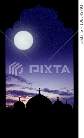 Mosque domes in silhouette against a twilight sky filled with stars and a full moon, framed by an arched window. This captivating image evokes a sense of peace and spirituality. Islamic background Mosque domes in silhouette against a twilight sky filled with stars and a full moon, framed by an arched window. This captivating image evokes a sense of peace and spirituality. Islamic background 136345793