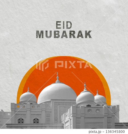 A contemporary and minimalist graphic illustration featuring a mosque building silhouetted against an orange sun, designed for Eid Mubarak celebrations. Eid al-Fitr or Islamic background A contemporary and minimalist graphic illustration featuring a mosque building silhouetted against an orange sun, designed for Eid Mubarak celebrations. Eid al-Fitr or Islamic background 136345800