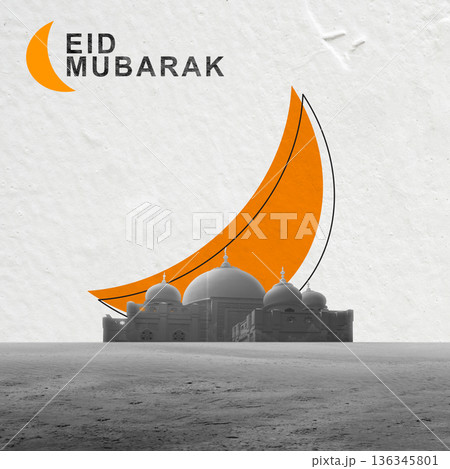 Eid Mubarak celebration message with a stylized mosque silhouette and a crescent moon shape. Designed for Eid Mubarak celebrations. Eid al-Fitr or Islamic background 136345801