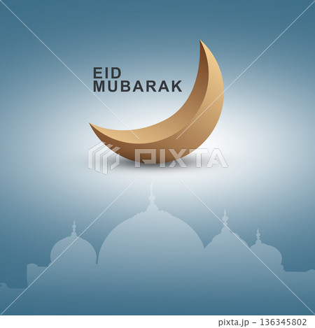 Golden moon with Eid Mubarak text, elegantly placed above a subtle mosque silhouette on a soft blue background, perfect for Eid Mubarak celebrations. Eid al-Fitr or Islamic background 136345802