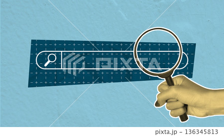 A contemporary digital collage illustration featuring a hand with a magnifying glass examining a search bar on a textured blue background, symbolizing SEO and online research 136345813
