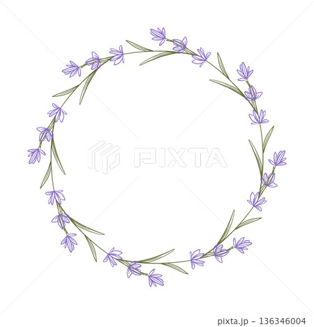 Cute round botanical frame of tiny purple flowers Cute round botanical frame of tiny purple flowers 136346004