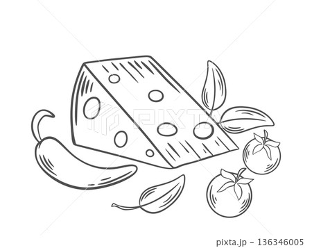 Piece of cheese with holes, hand drawn vintage engraving 136346005