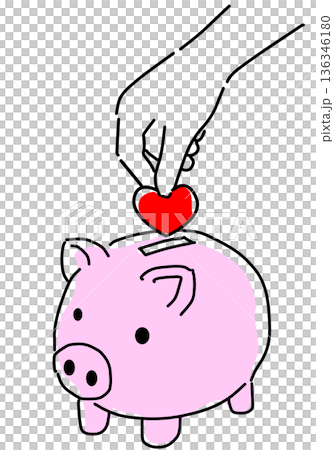 Simple line drawing of a hand putting a heart-shaped coin into a piggy bank 136346180