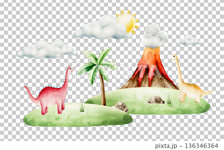 Scene with dinosaurs, volcano eruption, palm tree, sun and clouds. Watercolor hand drawn prehistoric triceratops, diplodocus, Spinosaurus, Brachiosaurus animal. Isolated illustration on transparent 136346364