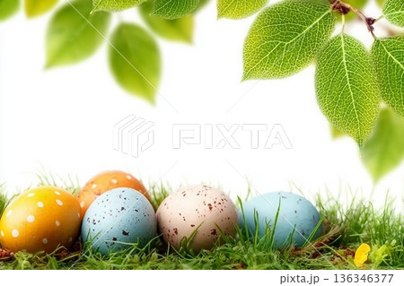 A collection of painted easter eggs under bright green tree leaves celebrating a Happy Easter in spring with green short meadow grass against an isolated white background. A collection of painted easter eggs under bright green tree leaves celebrating a Happy Easter in spring with green short meadow grass against an isolated white background. 136346377
