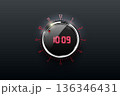 Black glossy interface button time control with glass reflect and shadow. Vector illustration. Clock icon, timer knob with scale, red scoreboard on black background. Electronic time dial red light 136346431