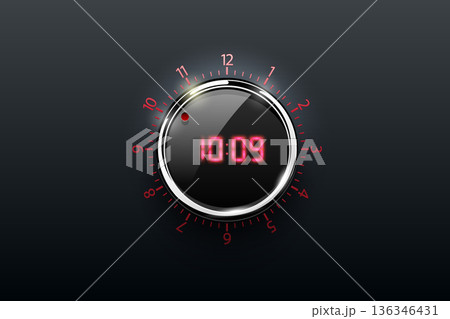 Black glossy interface button time control with glass reflect and shadow. Vector illustration. Clock icon, timer knob with scale, red scoreboard on black background. Electronic time dial red light 136346431