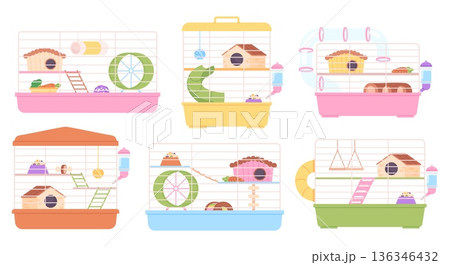 Cages for hamsters. Hamster cage, cartoon feeders, water bottles, wooden houses. Pet shop accessories for rodents, rat mouse guinea pig, racy vector set 136346432