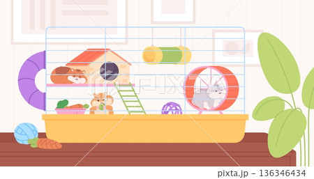 Fluffy hamsters in cage. Hamster home with food, plastic wheel, tube. Cute rodents sitting, sleeping, eating. House accessories for pets, racy vector scene 136346434