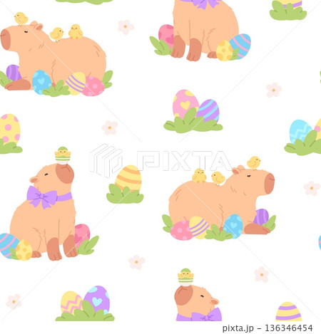 Easter capybara seamless pattern. Cute children capybaras characters, spring animal and decorations. Print for fabric, textile, wrapping, racy vector background 136346454