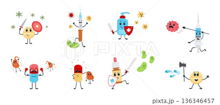 Pills vs bacterias. Medicines fighting with viruses diseases flu infections. Cartoon battles for health, children hospital scenes, classy vector set 136346457