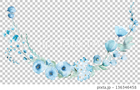 Bouquet with Watercolor light blue and turquoise flowers and leaves, pastel wedding isolated illustration 136346458