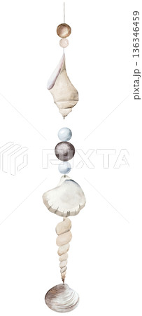 Vertical watercolor seashell garland with beads on string, coastal boho wedding illustration 136346459