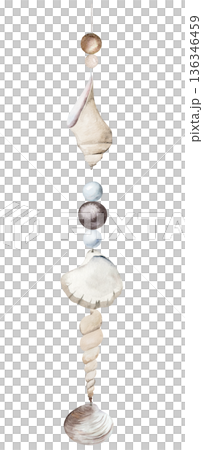 Vertical watercolor seashell garland with beads on string, coastal boho wedding illustration 136346459