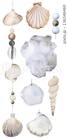Vertical watercolor seashell garland with beads on string, coastal boho wedding illustration 136346460