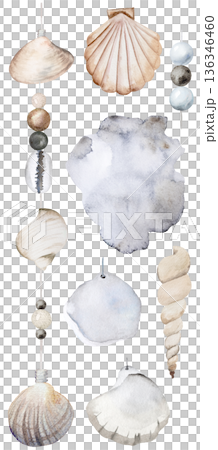 Vertical watercolor seashell garland with beads on string, coastal boho wedding illustration 136346460