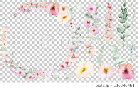 Round watercolor floral frame with pastel flowers and green leaves, delicate hand painted illustration 136346461