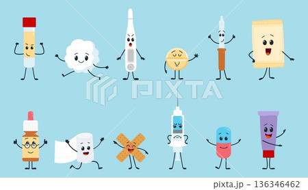 Cartoon medicine characters. Cute pills, bandage, cotton wool, syringe and wound plasters. Funny children mascots, hospital, doctor elements, classy vector set 136346462