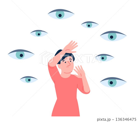 Panic from invisible eyes around. Young woman feeling public attitude, inner fear and stress. Different eye looking, female ashamed, nervous recent vector scene 136346475