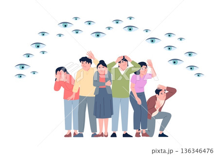 People group panic from invisible eyes. Inner fears, chase or public attitude. Men women feeling looking of eye, big boss watching, recent vector concept 136346476