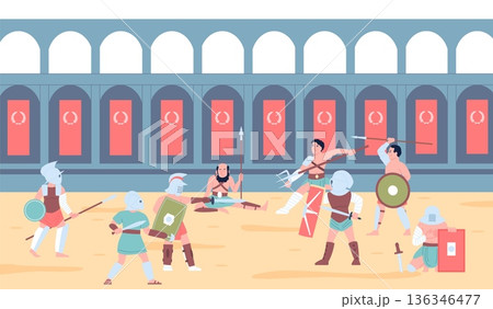 Gladiator battle on arena. Gladiators fight, ancient roman warriors in armor and with weapon. Legionaries fighting, reconstruction of historical events recent vector scene 136346477