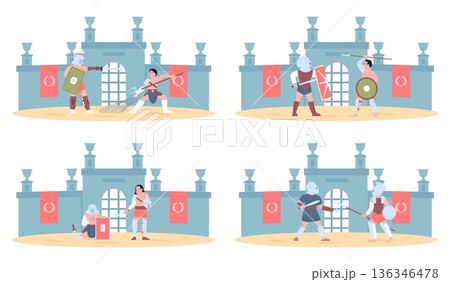 Gladiator scenes. Flat gladiators fights, people with weapon and armor. Legionnaires battles, ancient roman warriors attack and defending, recent vector set Gladiator scenes. Flat gladiators fights, people with weapon and armor. Legionnaires battles, ancient roman warriors attack and defending, recent vector set 136346478