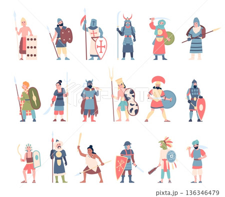Tribal warriors. African, asian warriors with weapon and armor. Scandinavian viking, australian aboriginal characters. Security and defenders, recent vector set 136346479