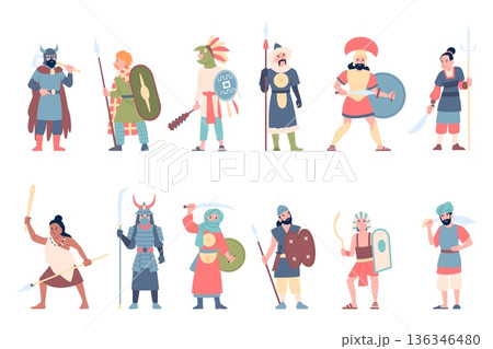 Native ethnic warriors. Multiethnic warrior characters with weapon. Scandinavian viking, african tribes, american indians and asian samurai, recent vector set 136346480