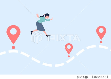 Businesswoman project way. Female jumps from goal to goal. Business time management, dedication and discipline, achieving long-term results, recent vector concept 136346481