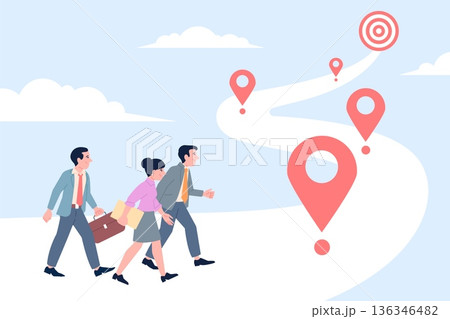Business project way. Business team moving to goal step by step. Smart corporate plan, achieving together with colleagues. Road to results recent vector concept 136346482