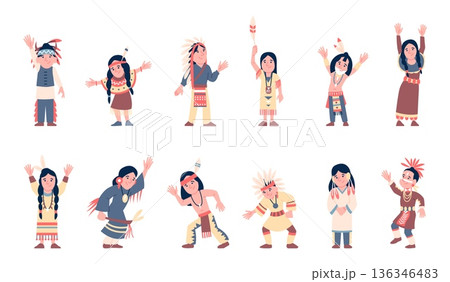 Native indian children. American indians characters wearing national costumes and accessories with feathers. Kids playing tribal, traditions recent vector clipart Native indian children. American indians characters wearing national costumes and accessories with feathers. Kids playing tribal, traditions recent vector clipart 136346483