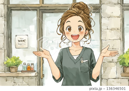 美優シリーズ：店舗前で客を出迎えるサロンスタッフ  ｜美容室の第一印象・集客イメージ 136346501