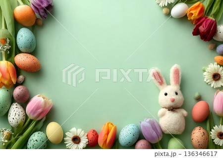 Flat lay of colorful Easter eggs, vibrant tulips, and a cute bunny on a pastel green background. Easter decorations frame. Flat lay of colorful Easter eggs, vibrant tulips, and a cute bunny on a pastel green background. Easter decorations frame. 136346617