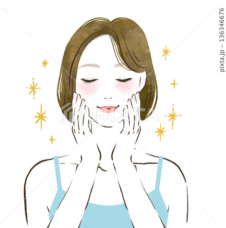 両手を顔に当てて幸せそうな笑顔で目を閉じる女性 美容イメージ 両手を顔に当てて幸せそうな笑顔で目を閉じる女性 美容イメージ 136346676