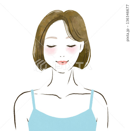 目を閉じた笑顔の女性の手描き線画イラスト　美容と健康 136346677