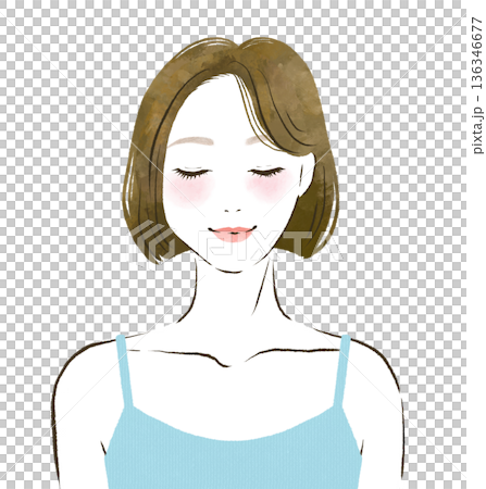 目を閉じた笑顔の女性の手描き線画イラスト　美容と健康 136346677