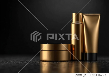Gold beauty product containers on a black background, perfect for luxurious skincare or cosmetic branding 136346723