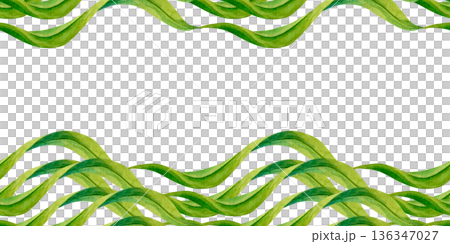 Seamless green borders with hand-drawn watercolor leaves. Botanical elements create a horizontal pattern for holydays, Easter, Mother's Day, labels, frames, greeting cards, and summer and spring decor 136347027