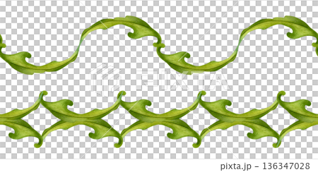 Seamless green borders with hand-drawn watercolor leaves. Botanical elements create a horizontal pattern for holydays, Easter, Mother's Day, labels, frames, greeting cards, and summer and spring decor 136347028