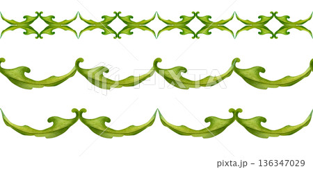 Seamless green borders with hand-drawn watercolor leaves. Botanical elements create a horizontal pattern for holydays, Easter, Mother's Day, labels, frames, greeting cards, and summer and spring decor 136347029