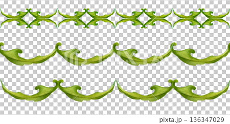 Seamless green borders with hand-drawn watercolor leaves. Botanical elements create a horizontal pattern for holydays, Easter, Mother's Day, labels, frames, greeting cards, and summer and spring decor 136347029