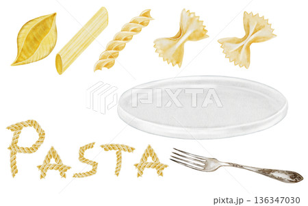 Pasta watercolor big set. Hand drawn different italian macaroni and fork, plate and inscription on white background. Food clip art. Ideal for pasta packaging, restaurant menus and posters 136347030