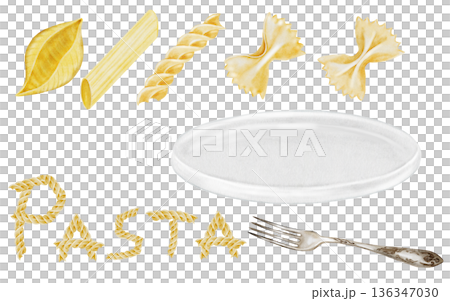 Pasta watercolor big set. Hand drawn different italian macaroni and fork, plate and inscription on white background. Food clip art. Ideal for pasta packaging, restaurant menus and posters 136347030