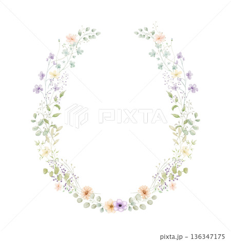 Beautiful watercolor spring wreath with pink, purple flowers and delicate leaves. Floral oval frame illustration Beautiful watercolor spring wreath with pink, purple flowers and delicate leaves. Floral oval frame illustration 136347175